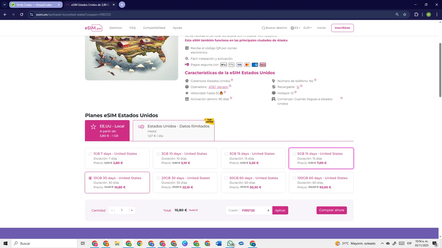 eSIM.sm promo code screenshot showing code FIRST25 applied at eSIM.sm checkout page. Uploaded by SimplyCodes community member PrimeSage6924 on Nov 3, 2025