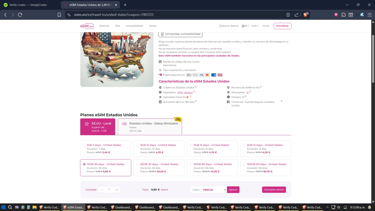 eSIM.sm promo code screenshot showing code FIRST25 applied at eSIM.sm checkout page. Uploaded by SimplyCodes community member verifier_983798000 on Nov 20, 2025