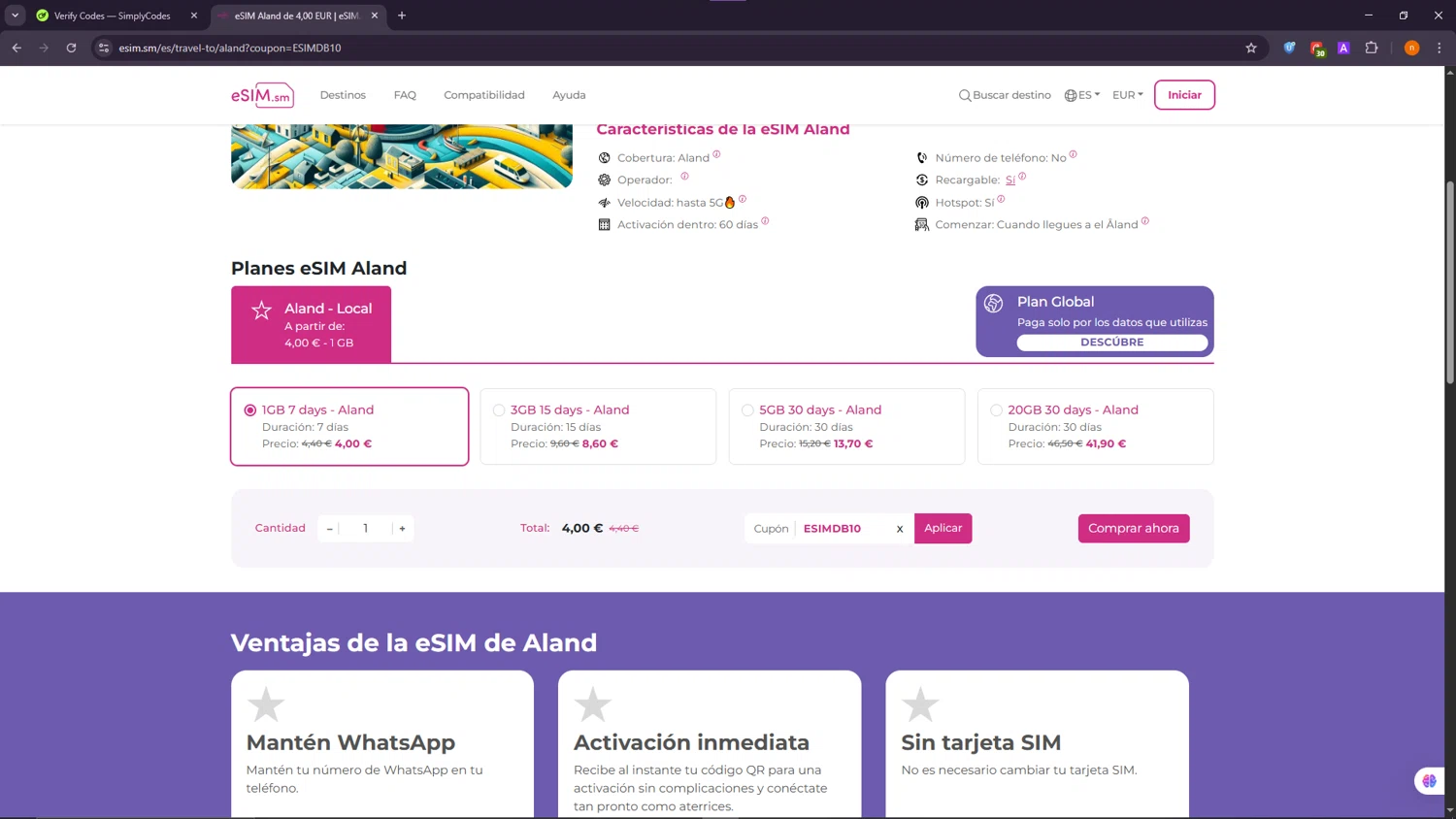 eSIM.sm promo code screenshot showing code ESIMDB10 applied at eSIM.sm checkout page. Uploaded by SimplyCodes community member NobleScholar188 on Sep 23, 2025