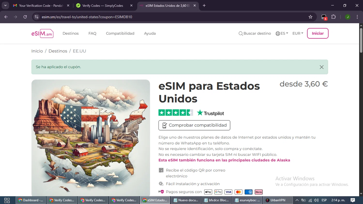 eSIM.sm promo code screenshot showing code ESIMDB10 applied at eSIM.sm checkout page. Uploaded by SimplyCodes community member SmartLion6646 on Sep 23, 2025