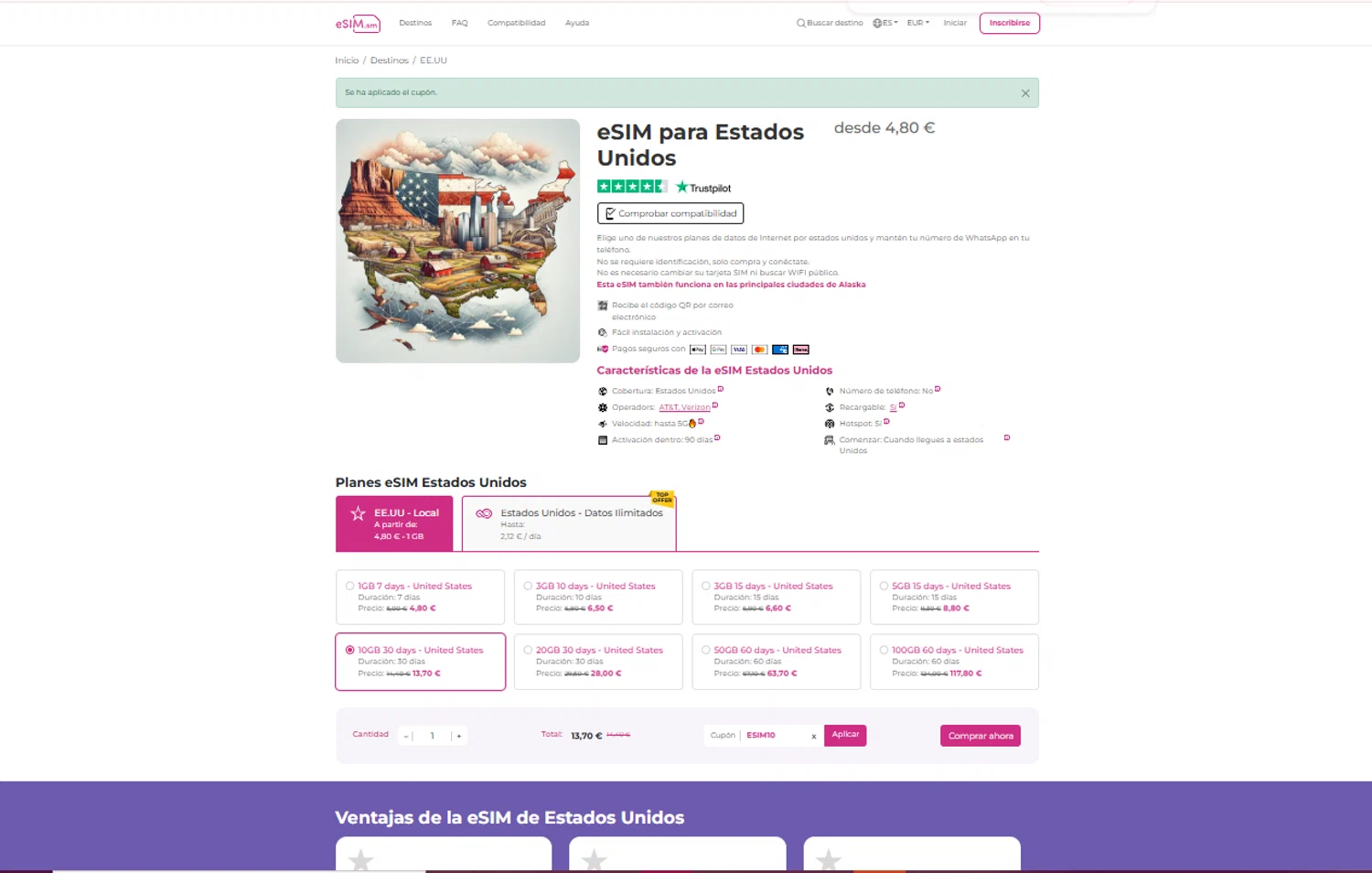 eSIM.sm promo code screenshot showing code ESIM10 applied at eSIM.sm checkout page. Uploaded by SimplyCodes community member SaleGuardian5536 on Oct 22, 2025