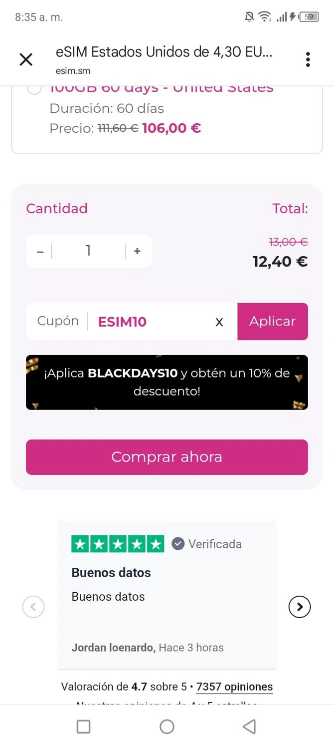 eSIM.sm promo code screenshot showing code ESIM10 applied at eSIM.sm checkout page. Uploaded by SimplyCodes community member tumiedo on Nov 20, 2025