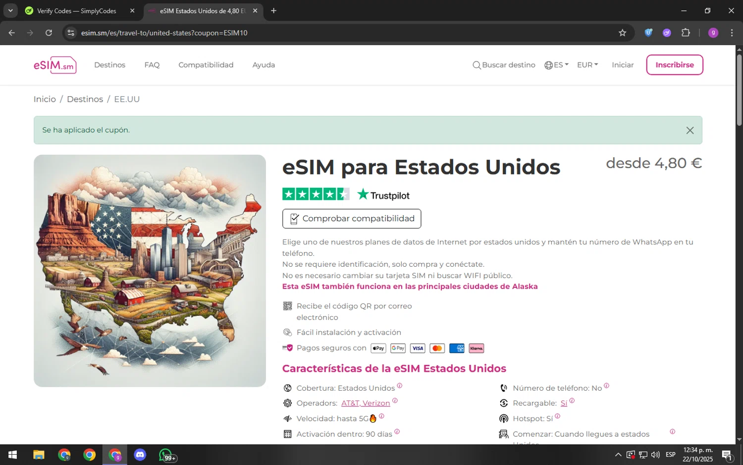 eSIM.sm promo code screenshot showing code ESIM10 applied at eSIM.sm checkout page. Uploaded by SimplyCodes community member youngchecker on Oct 22, 2025