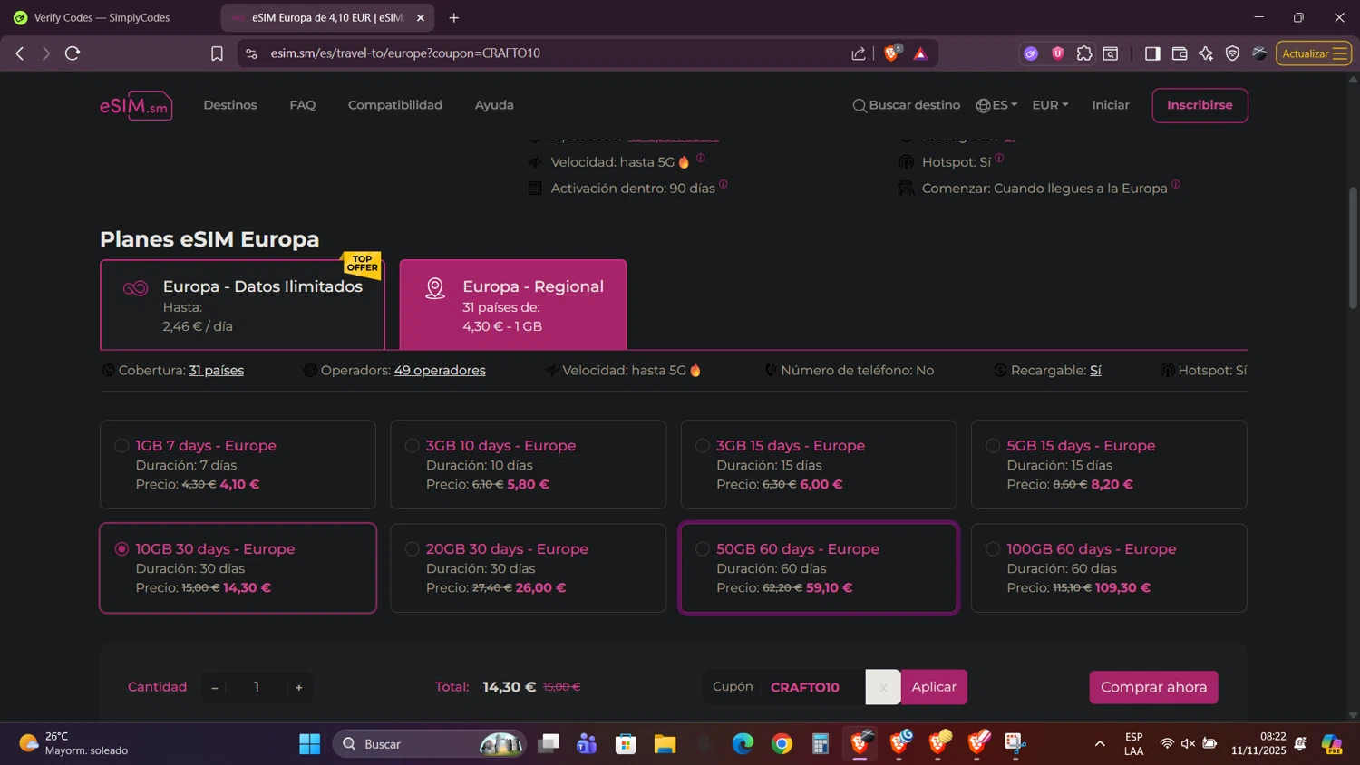 eSIM.sm promo code screenshot showing code CRAFTO10 applied at eSIM.sm checkout page. Uploaded by SimplyCodes community member Caraxes on Nov 11, 2025