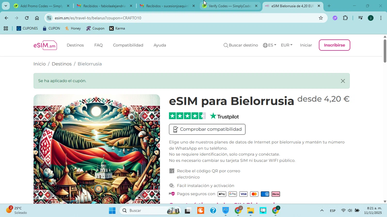 eSIM.sm promo code screenshot showing code CRAFTO10 applied at eSIM.sm checkout page. Uploaded by SimplyCodes community member jorgejavierherrera on Nov 11, 2025
