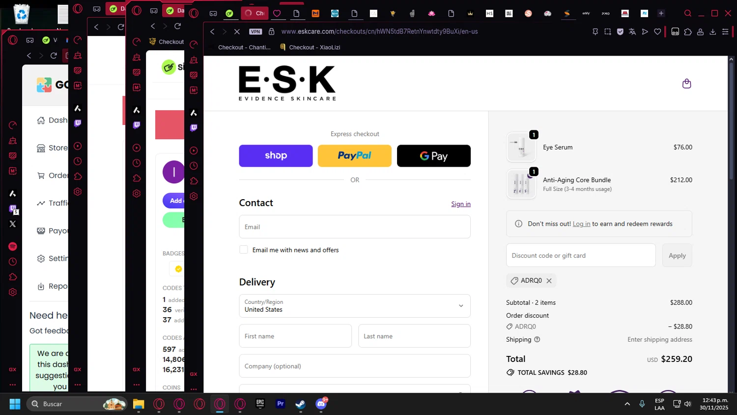 ESK discount code screenshot showing code ADRQ0 applied at ESK checkout page. Uploaded by SimplyCodes community member Halanweik on Nov 30, 2025