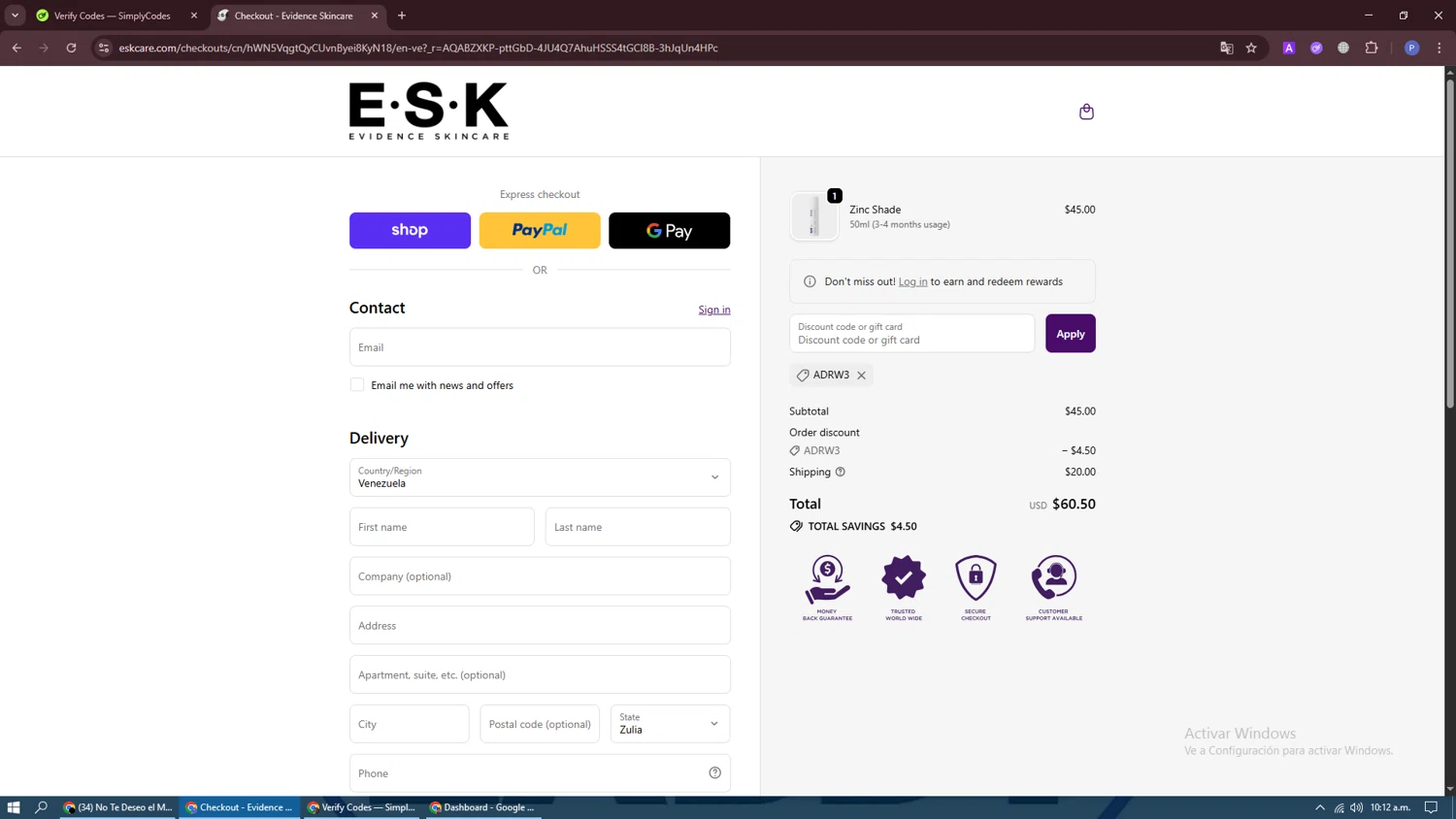 ESK discount code screenshot showing code ADRW3 applied at ESK checkout page. Uploaded by SimplyCodes community member Darknigth31 on Nov 20, 2025