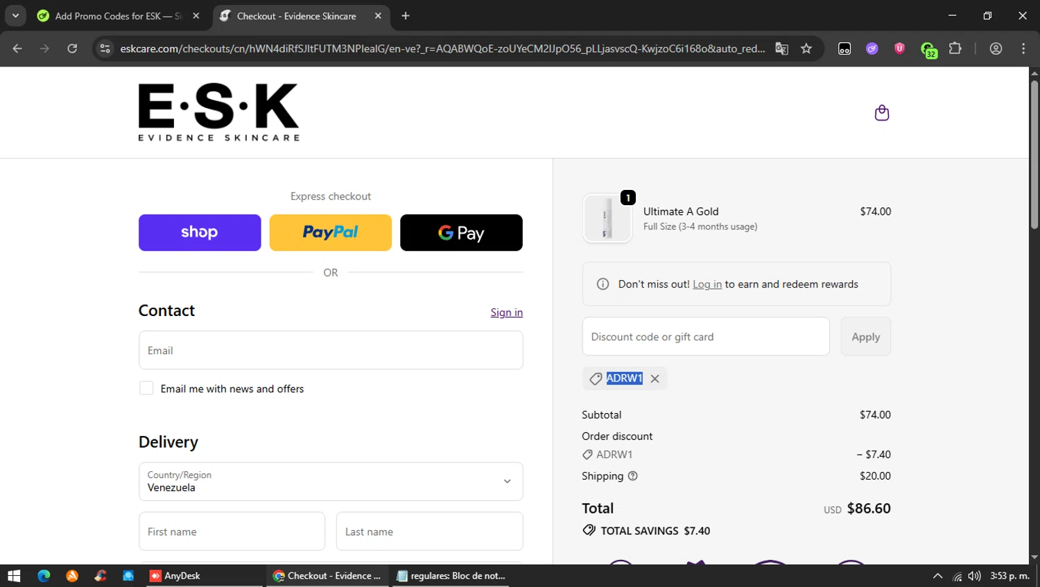 ESK discount code screenshot showing code ADRW1 applied at ESK checkout page. Uploaded by SimplyCodes community member MAVESA on Nov 5, 2025