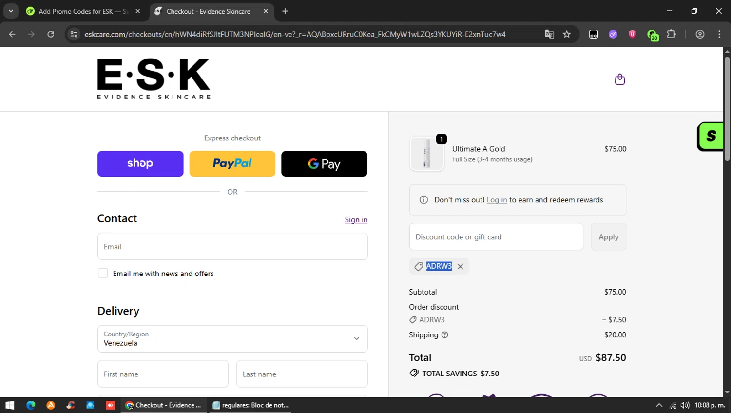ESK discount code screenshot showing code ADRW3 applied at ESK checkout page. Uploaded by SimplyCodes community member MAVESA on Nov 11, 2025