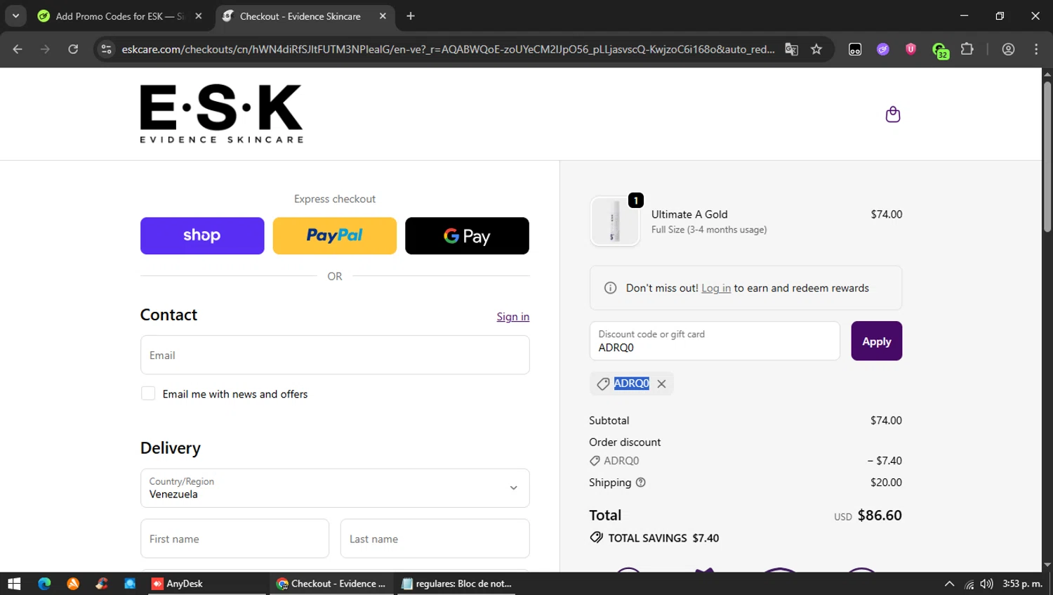ESK discount code screenshot showing code ADRQ0 applied at ESK checkout page. Uploaded by SimplyCodes community member MAVESA on Nov 5, 2025