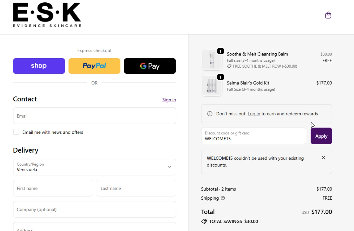 ESK discount code screenshot showing code WELCOME15 applied at ESK checkout page. Uploaded by SimplyCodes community member Lestara_23 on Oct 15, 2025