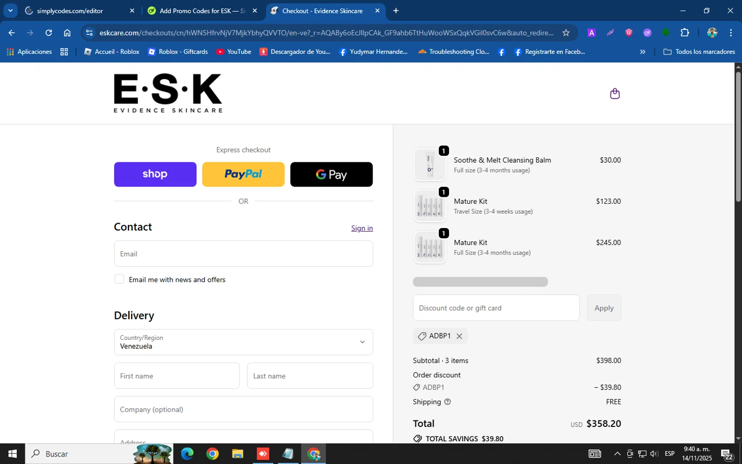 ESK discount code screenshot showing code ADBP1 applied at ESK checkout page. Uploaded by SimplyCodes community member helicoide on Nov 14, 2025