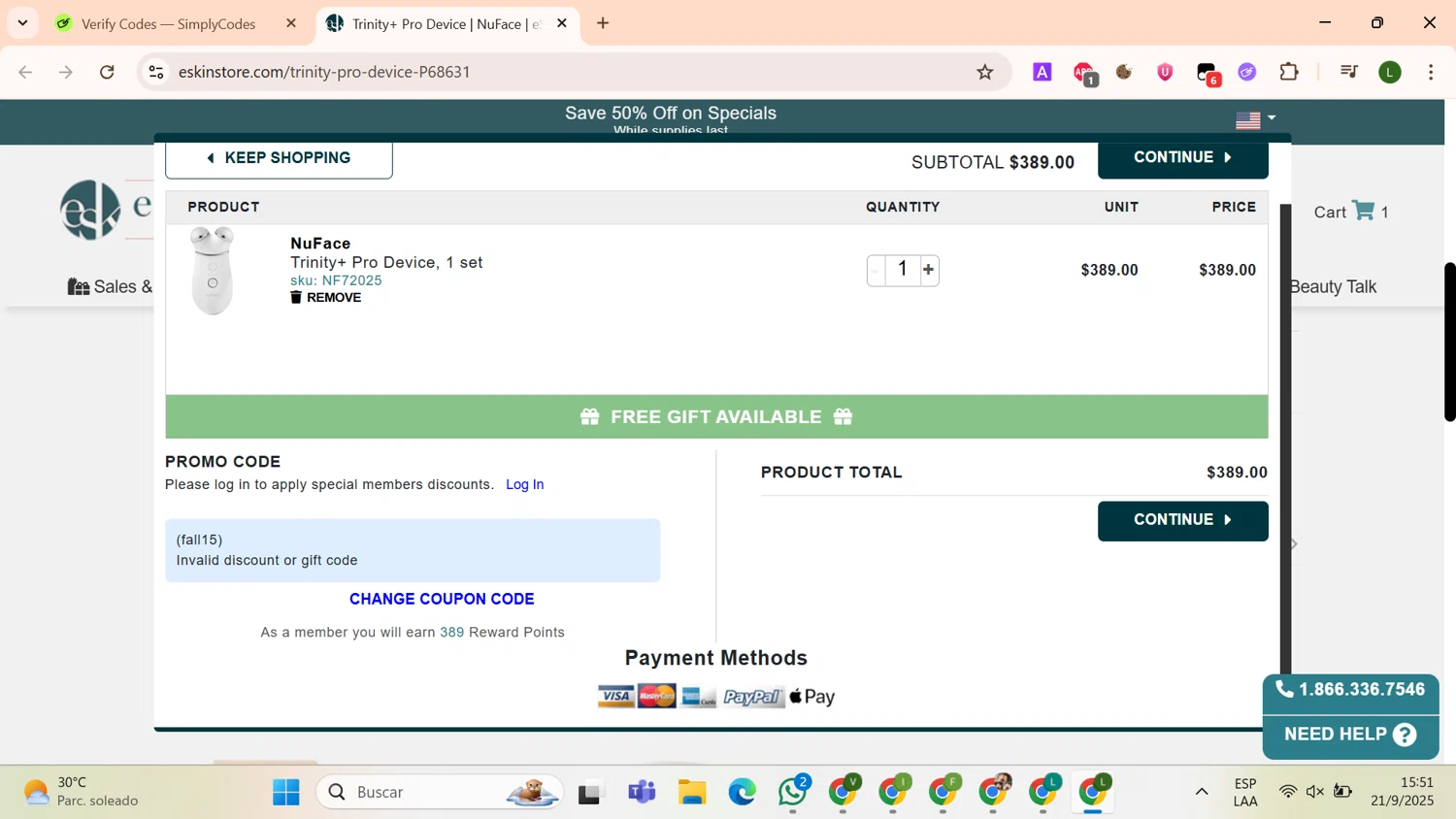 eSkinStore checkout page showing eSkinStore promo code box | Screenshot taken by SimplyCodes community member on Sep 21, 2025