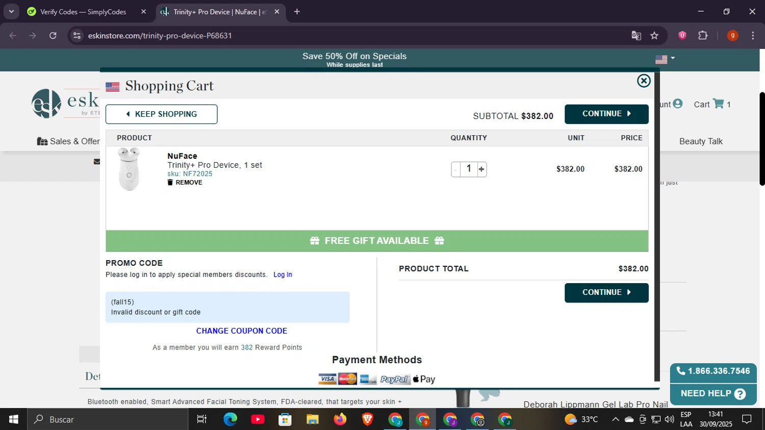 eSkinStore checkout page showing eSkinStore promo code box | Screenshot taken by SimplyCodes community member on Sep 30, 2025
