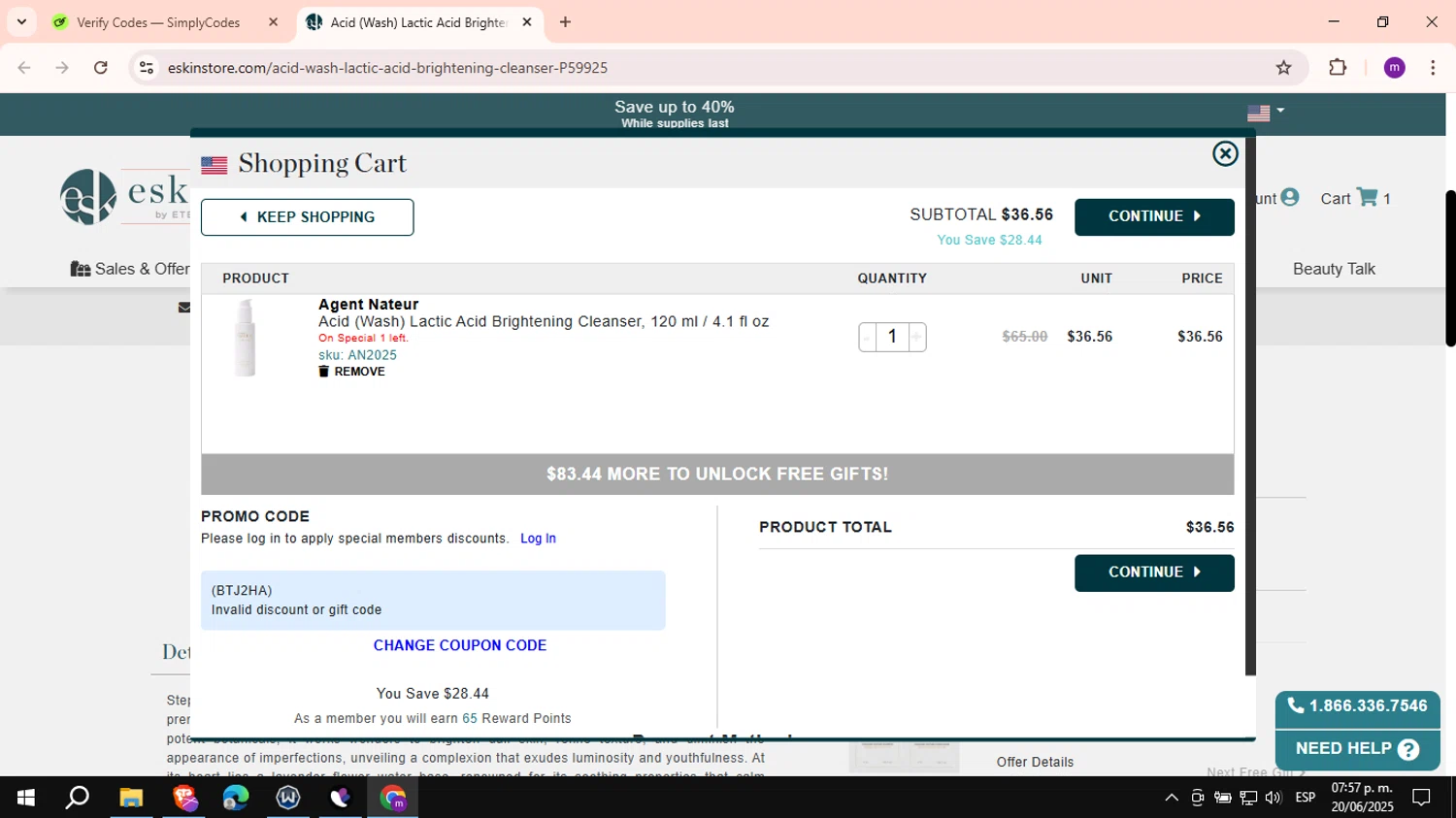 eSkinStore promo code screenshot showing code BTJ2HA applied at eSkinStore checkout page. Uploaded by SimplyCodes community member VictoriousCurator6515 on Jun 20, 2025