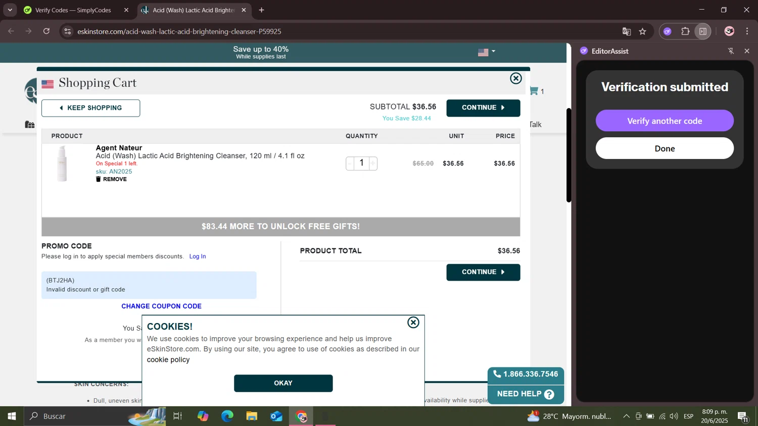 eSkinStore promo code screenshot showing code BTJ2HA applied at eSkinStore checkout page. Uploaded by SimplyCodes community member girly08 on Jun 21, 2025