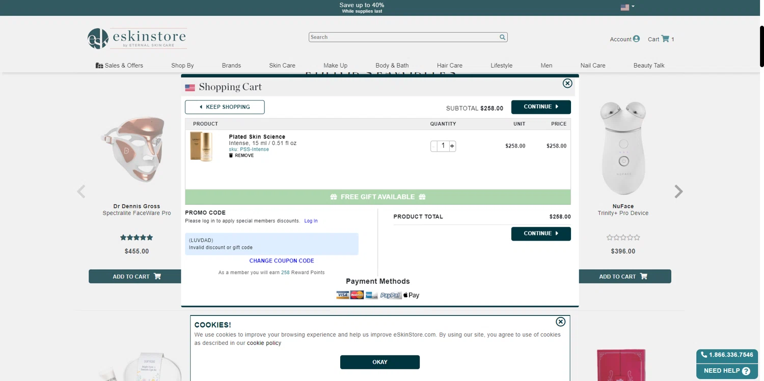eSkinStore promo code screenshot showing code LUVDAD applied at eSkinStore checkout page. Uploaded by SimplyCodes community member BrilliantRanger9984 on Jun 28, 2025