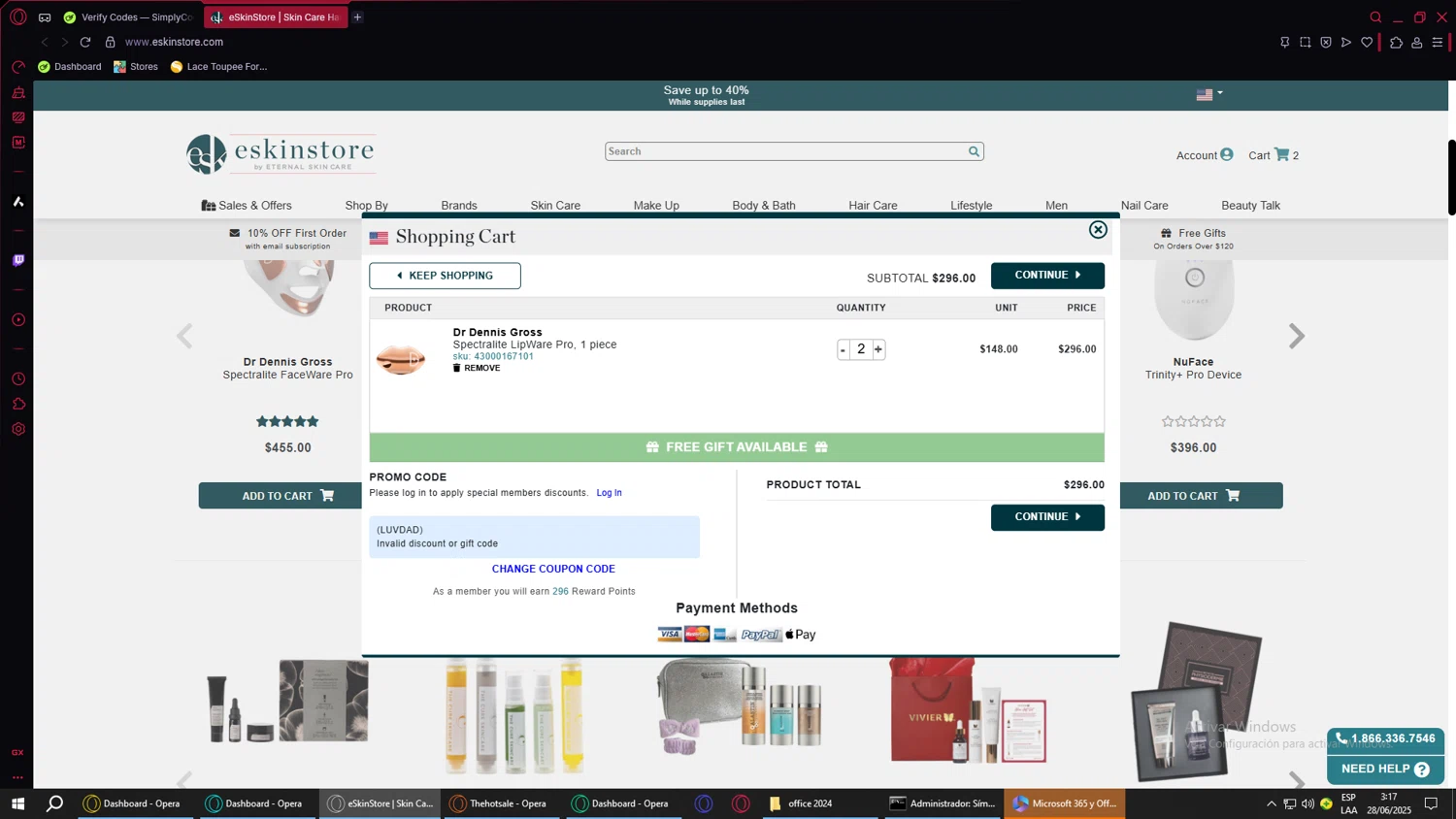eSkinStore promo code screenshot showing code LUVDAD applied at eSkinStore checkout page. Uploaded by SimplyCodes community member ValueWarden4201 on Jun 28, 2025