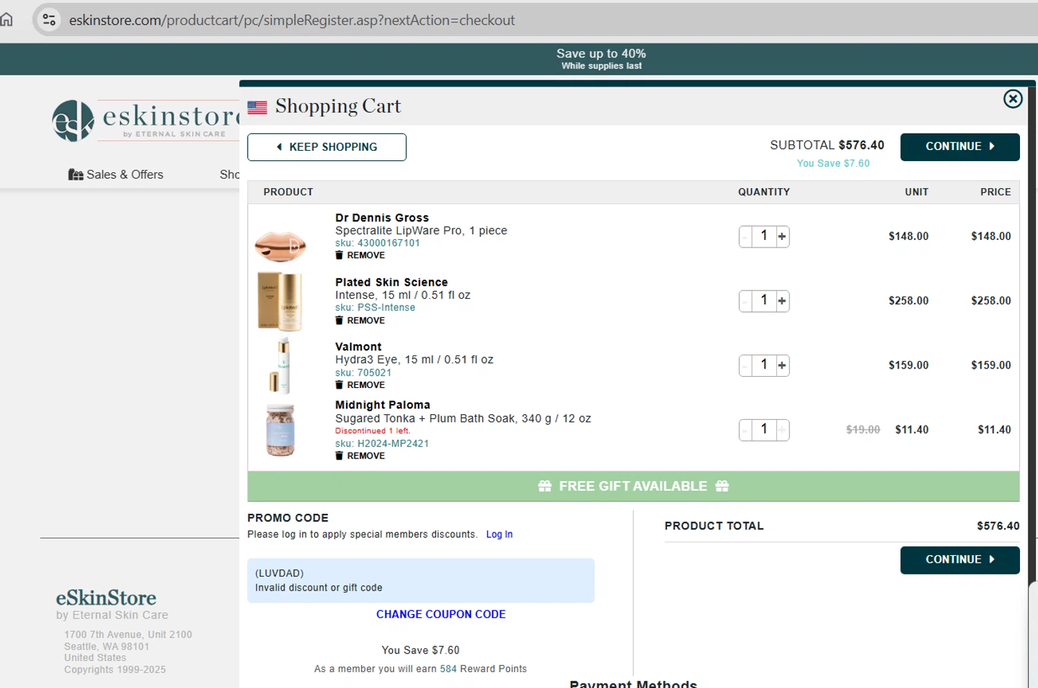 eSkinStore promo code screenshot showing code LUVDAD applied at eSkinStore checkout page. Uploaded by SimplyCodes community member WonderExpert2552 on Jun 28, 2025