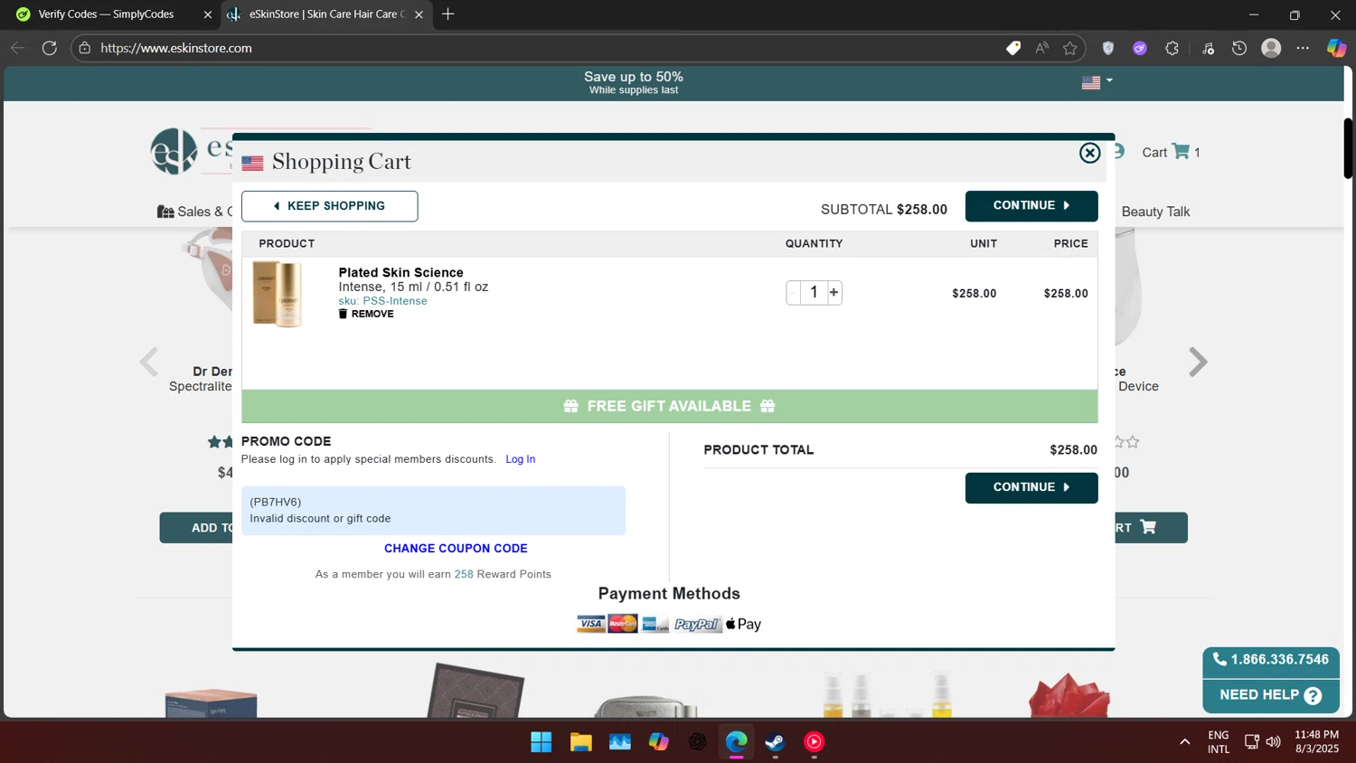 eSkinStore promo code screenshot showing code PB7HV6 applied at eSkinStore checkout page. Uploaded by SimplyCodes community member BorgeZzz on Aug 4, 2025