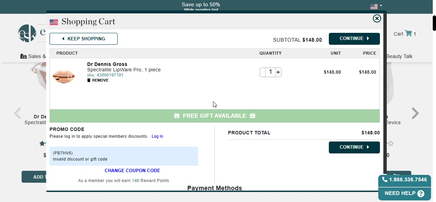 eSkinStore promo code screenshot showing code PB7HV6 applied at eSkinStore checkout page. Uploaded by SimplyCodes community member Prospecto on Aug 4, 2025
