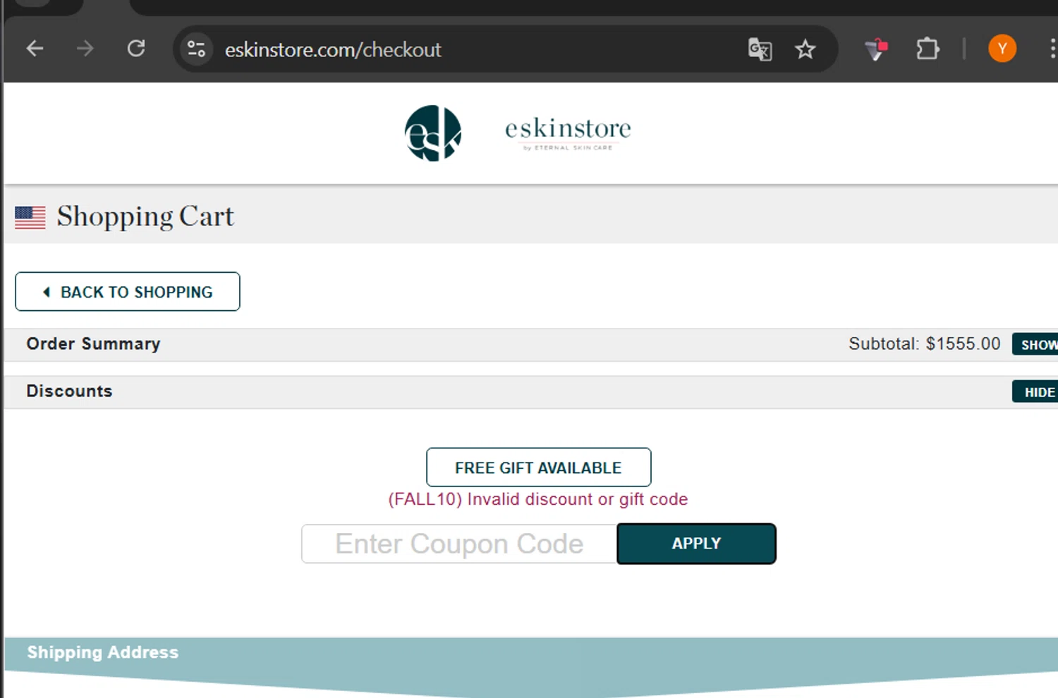 eSkinStore promo code screenshot showing code FALL10 applied at eSkinStore checkout page. Uploaded by SimplyCodes community member TheYeffry on Sep 18, 2025