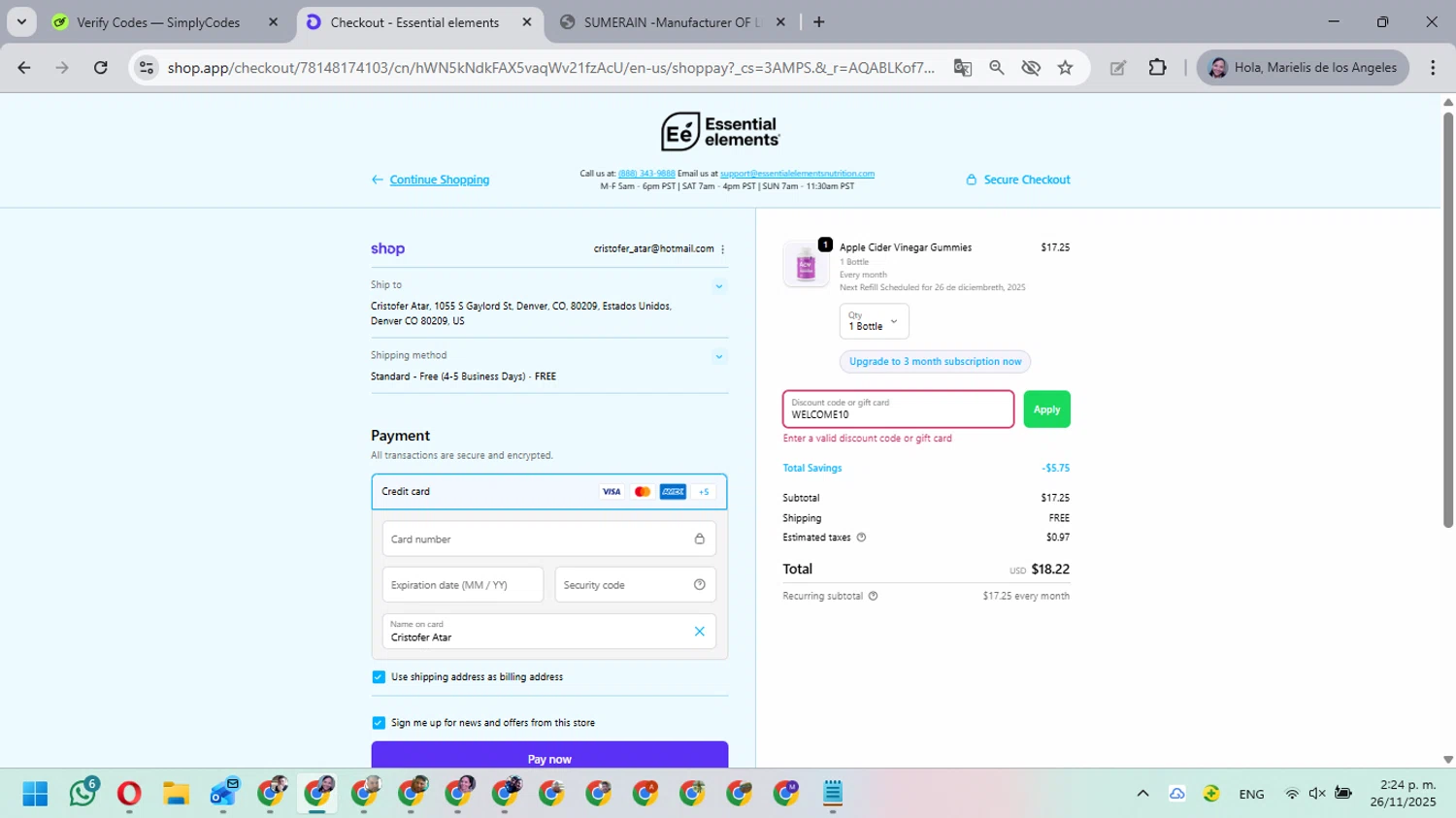 Essential Elements discount code screenshot showing code WELCOME10 applied at Essential Elements checkout page. Uploaded by SimplyCodes community member MarielisPb on Nov 26, 2025