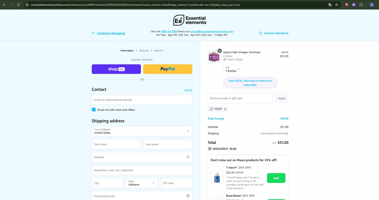 Essential Elements discount code screenshot showing code 15OFF applied at Essential Elements checkout page. Uploaded by SimplyCodes community member DealPioneer9231 on Aug 16, 2025