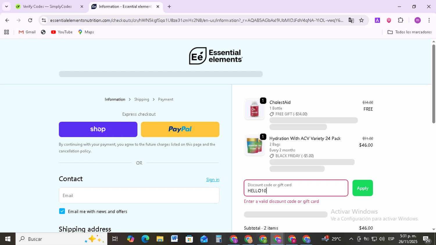 Essential Elements discount code screenshot showing code HELLO10 applied at Essential Elements checkout page. Uploaded by SimplyCodes community member BudgetMonarch8952 on Nov 26, 2025