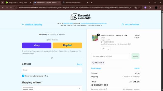 Essential Elements checkout page showing Essential Elements discount code box | Screenshot taken by SimplyCodes community member on Oct 4, 2025