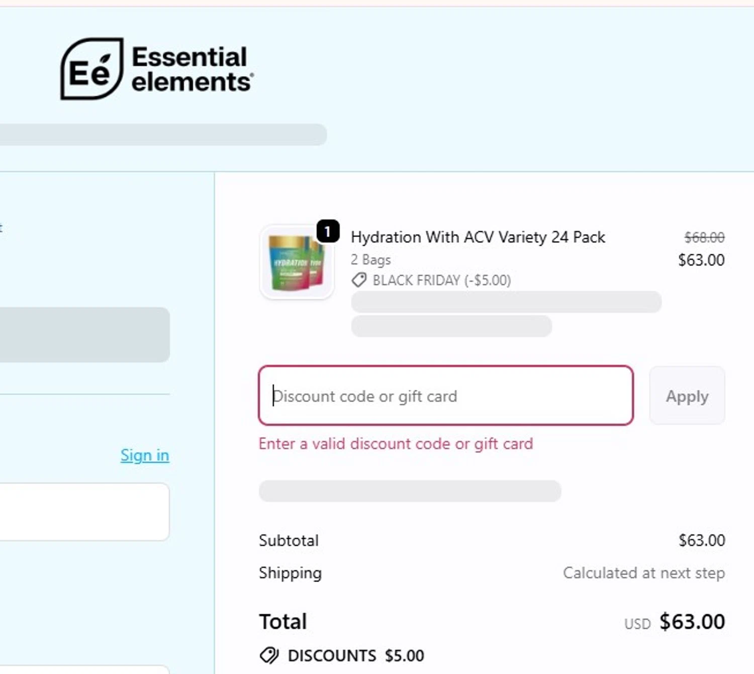 Essential Elements discount code screenshot showing code HELLO10 applied at Essential Elements checkout page. Uploaded by SimplyCodes community member MoneyFalcon5538 on Nov 26, 2025