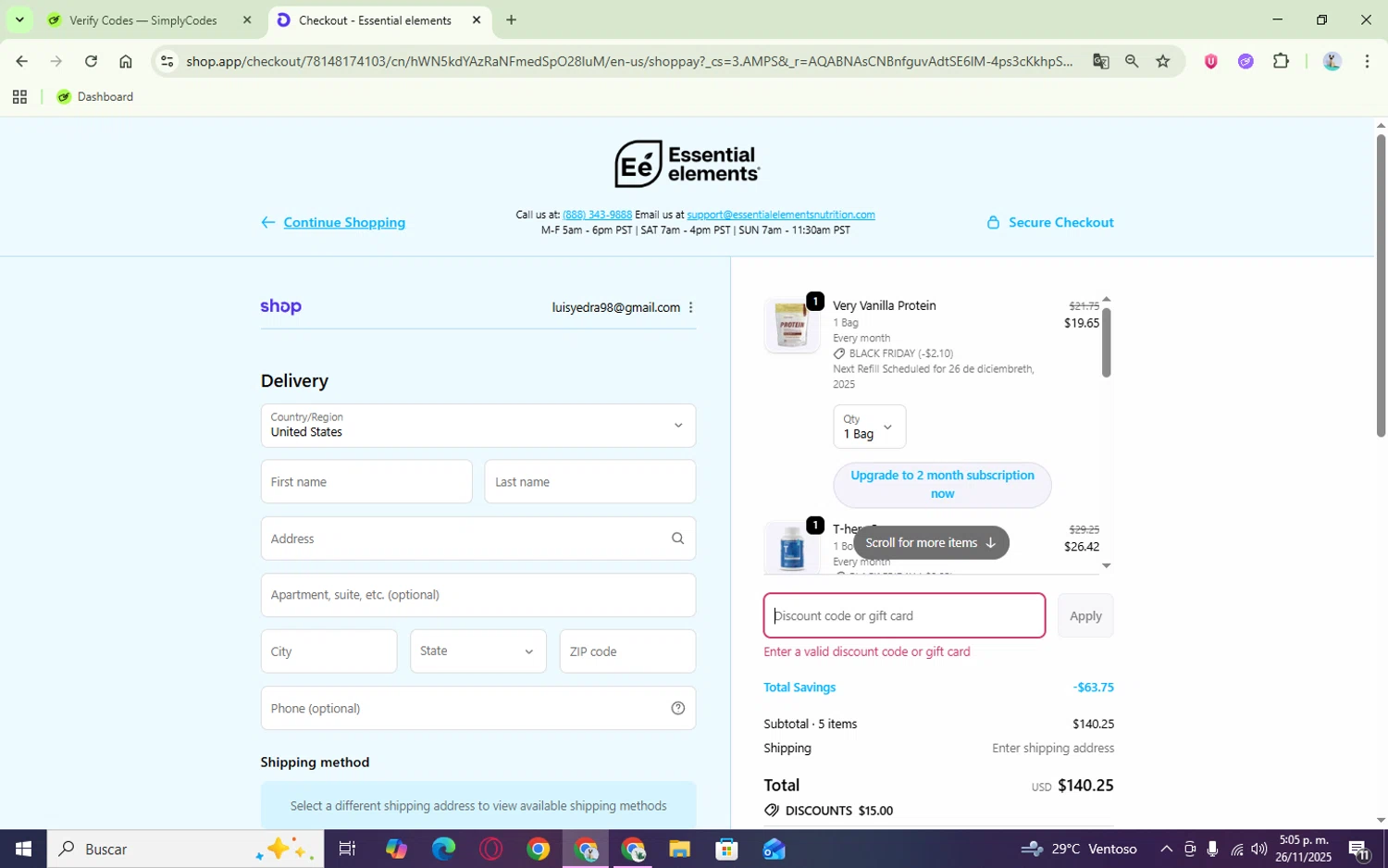 Essential Elements discount code screenshot showing code HELLO10 applied at Essential Elements checkout page. Uploaded by SimplyCodes community member Tsubaki on Nov 26, 2025