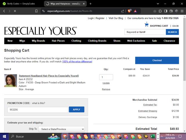 Especially Yours checkout page showing Especially Yours promo code box | Screenshot taken by SimplyCodes community member on Aug 20, 2024