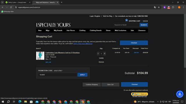 Especially Yours checkout page showing Especially Yours promo code box | Screenshot taken by SimplyCodes community member on Aug 23, 2024