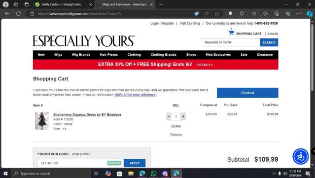 Especially Yours checkout page showing Especially Yours promo code box | Screenshot taken by SimplyCodes community member on Aug 31, 2024
