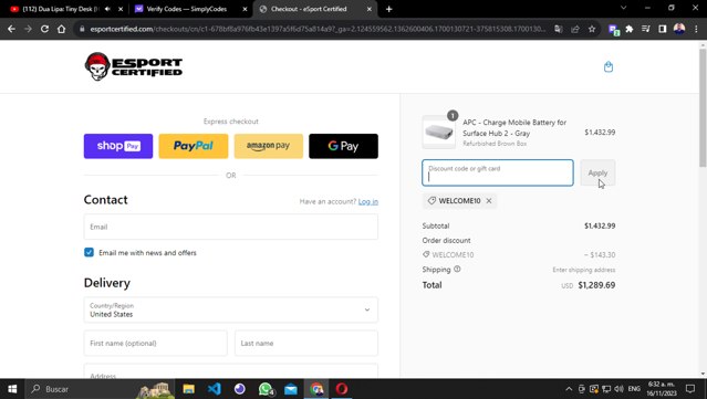 E Sport Certified checkout page showing E Sport Certified promo code box | Screenshot taken by SimplyCodes community member on Nov 16, 2023