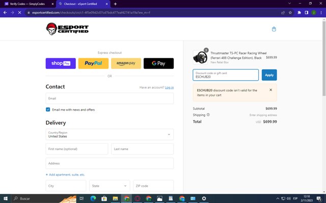 E Sport Certified checkout page showing E Sport Certified promo code box | Screenshot taken by SimplyCodes community member on Nov 2, 2023