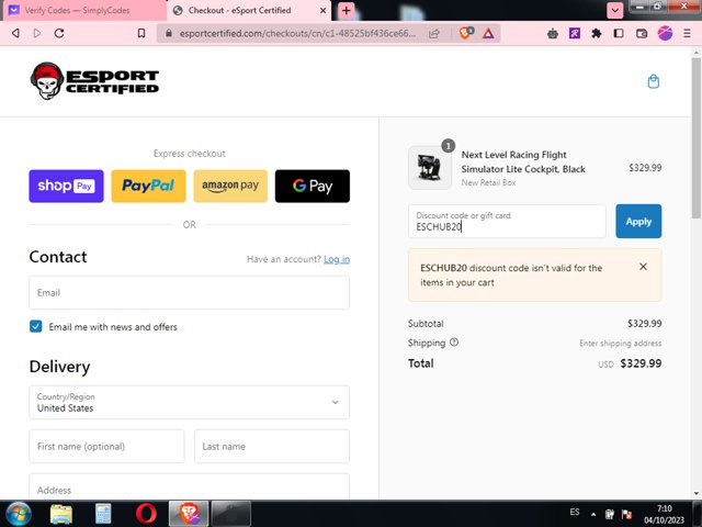 E Sport Certified checkout page showing E Sport Certified promo code box | Screenshot taken by SimplyCodes community member on Oct 4, 2023