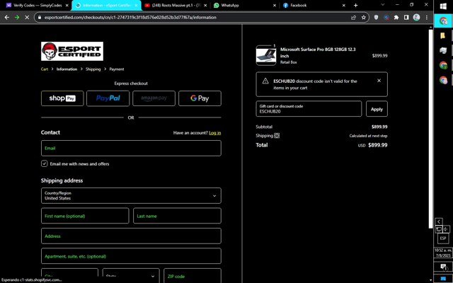 E Sport Certified checkout page showing E Sport Certified promo code box | Screenshot taken by SimplyCodes community member on Aug 7, 2023