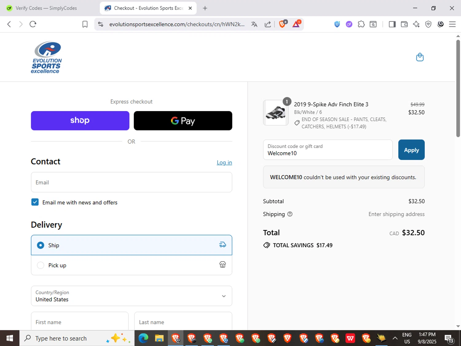 Evolution Sports Excellence discount code screenshot showing code Welcome10 applied at Evolution Sports Excellence checkout page. Uploaded by SimplyCodes community member SwiftShopper261 on Sep 8, 2025