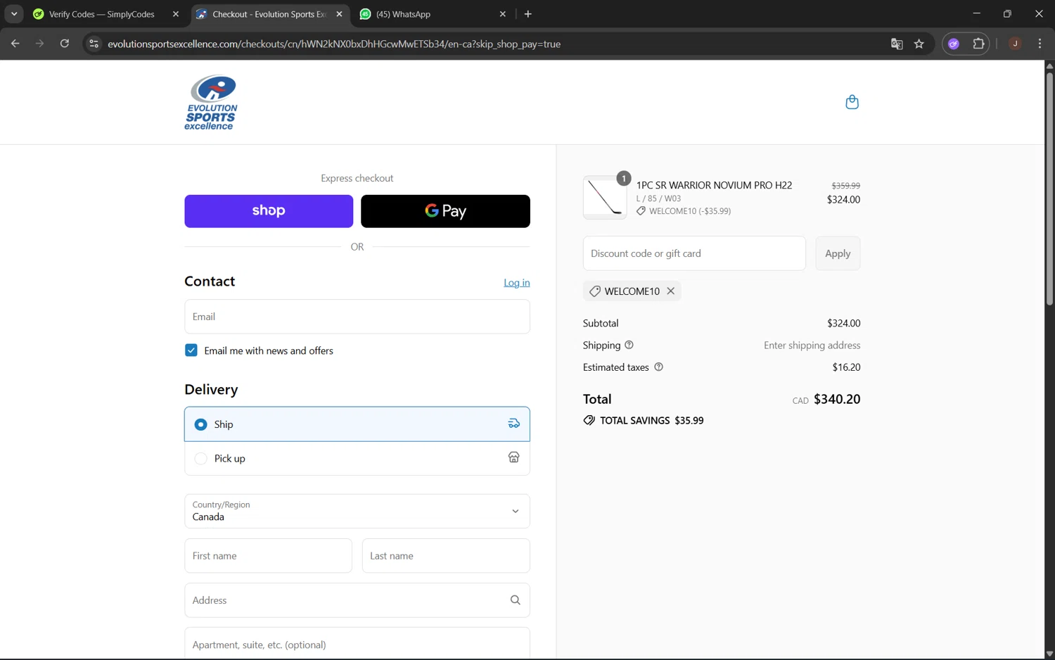Evolution Sports Excellence discount code screenshot showing code Welcome10 applied at Evolution Sports Excellence checkout page. Uploaded by SimplyCodes community member juanx1702 on Sep 8, 2025