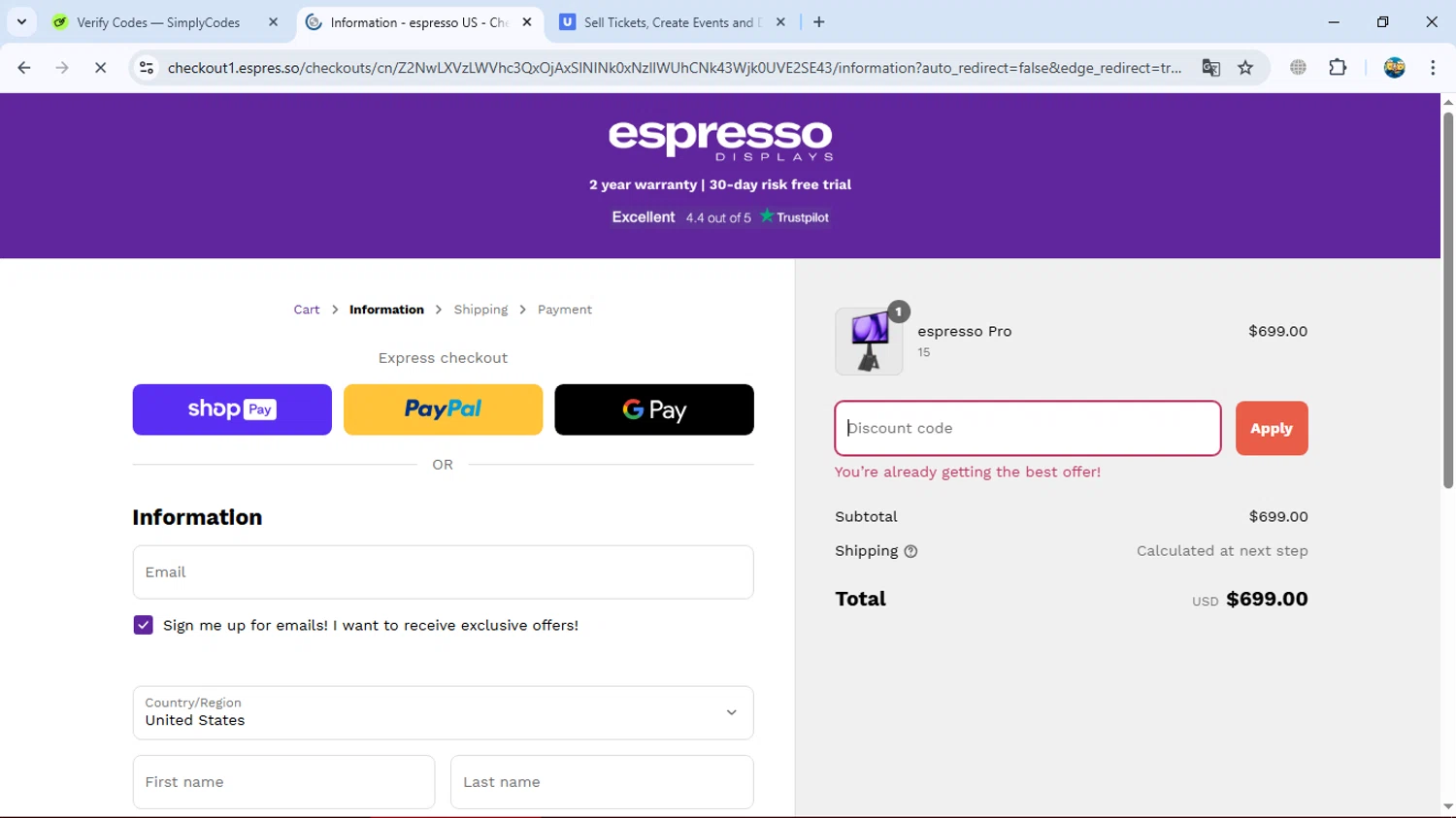 Espresso Displays discount code screenshot showing code FREEPEN applied at Espresso Displays checkout page. Uploaded by SimplyCodes community member gleykerjose on Apr 23, 2025