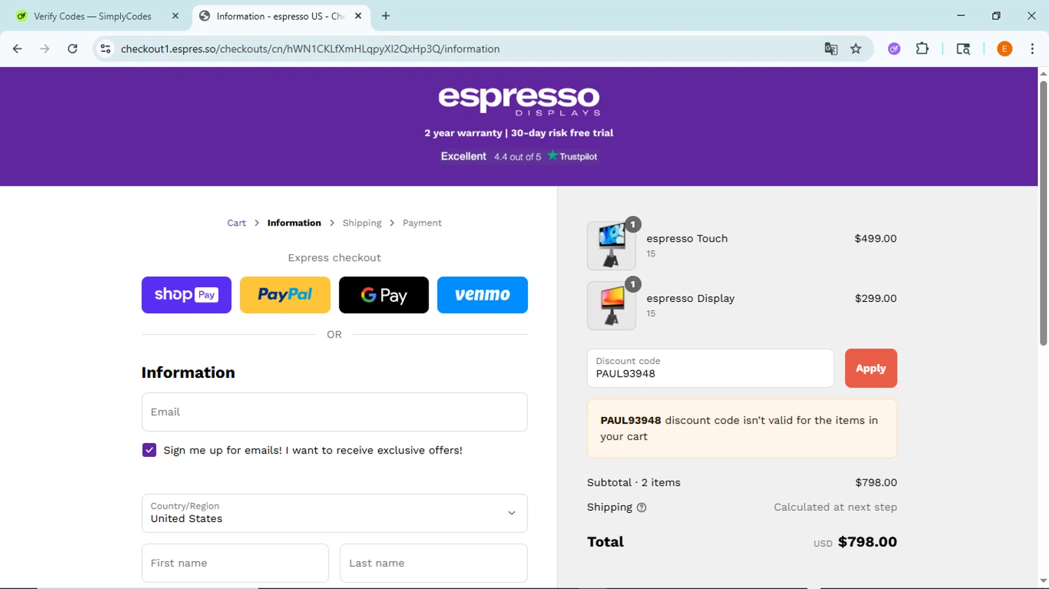 Espresso Displays checkout page showing Espresso Displays discount code box | Screenshot taken by SimplyCodes community member on Jul 29, 2025