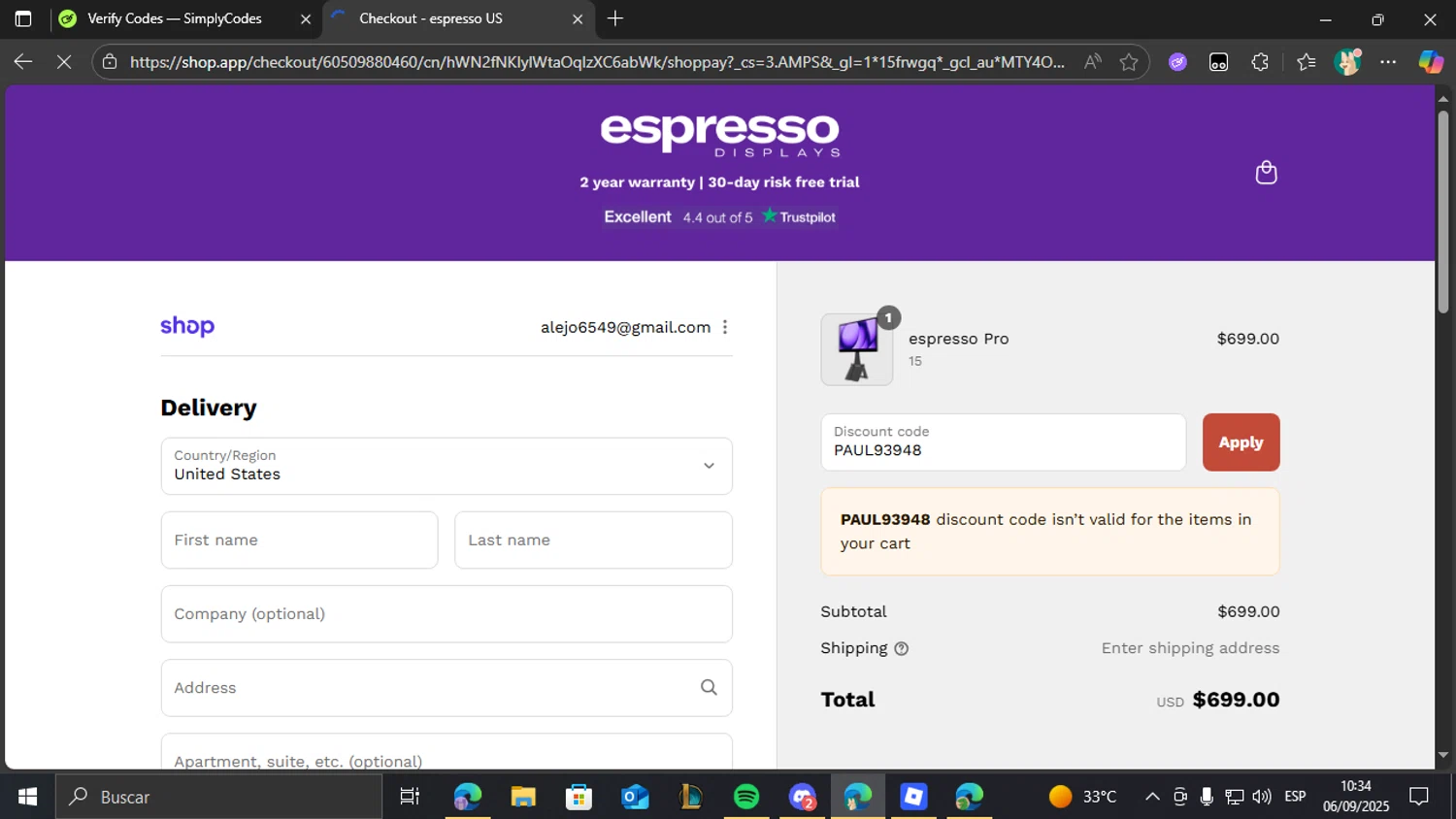 Espresso Displays checkout page showing Espresso Displays discount code box | Screenshot taken by SimplyCodes community member on Sep 6, 2025