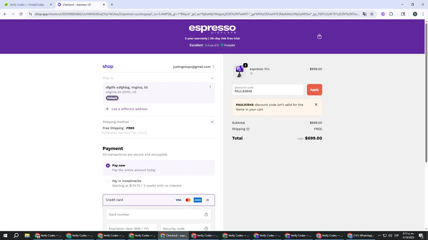 Espresso Displays checkout page showing Espresso Displays discount code box | Screenshot taken by SimplyCodes community member on Oct 5, 2025