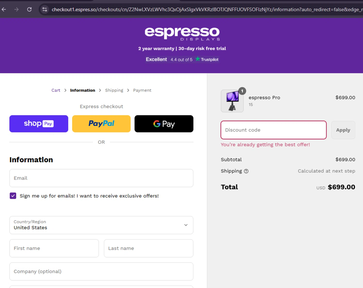 Espresso Displays discount code screenshot showing code WITHPAUL10 applied at Espresso Displays checkout page. Uploaded by SimplyCodes community member MoneySage8222 on Jun 6, 2025