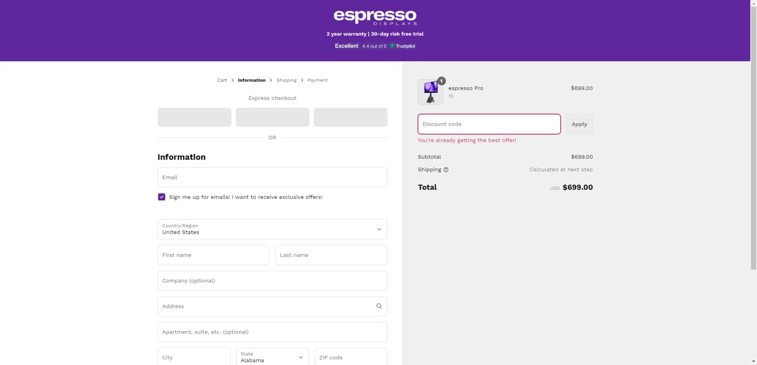 Espresso Displays discount code screenshot showing code WITHPAUL10 applied at Espresso Displays checkout page. Uploaded by SimplyCodes community member ThriftyPhoenix5129 on Jun 6, 2025