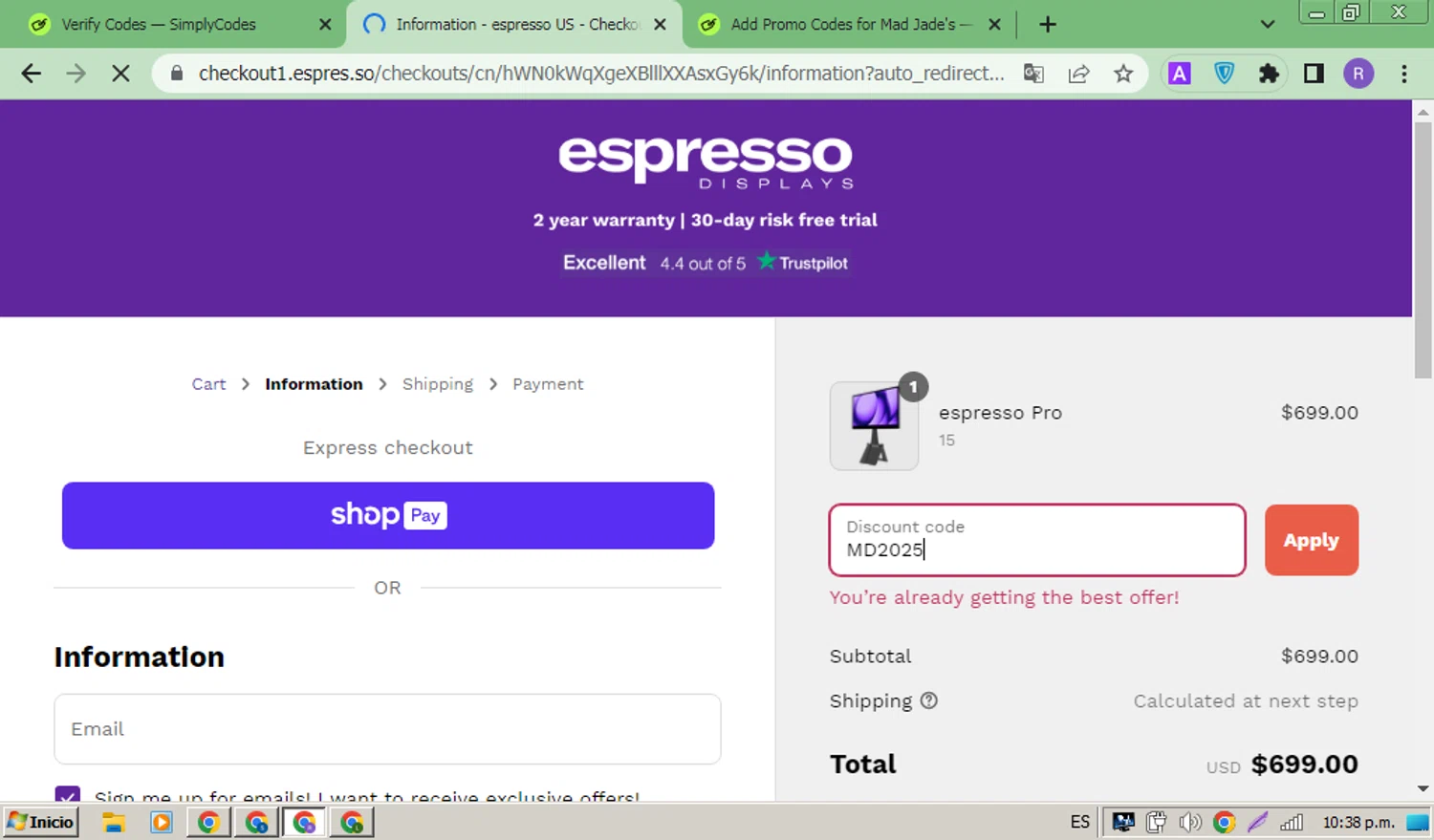 Espresso Displays discount code screenshot showing code MD2025 applied at Espresso Displays checkout page. Uploaded by SimplyCodes community member ThriftyMonarch5789 on Jul 18, 2025
