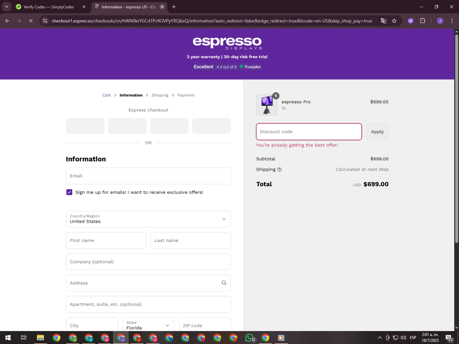 Espresso Displays discount code screenshot showing code MD2025 applied at Espresso Displays checkout page. Uploaded by SimplyCodes community member ValueHero2277 on Jul 18, 2025