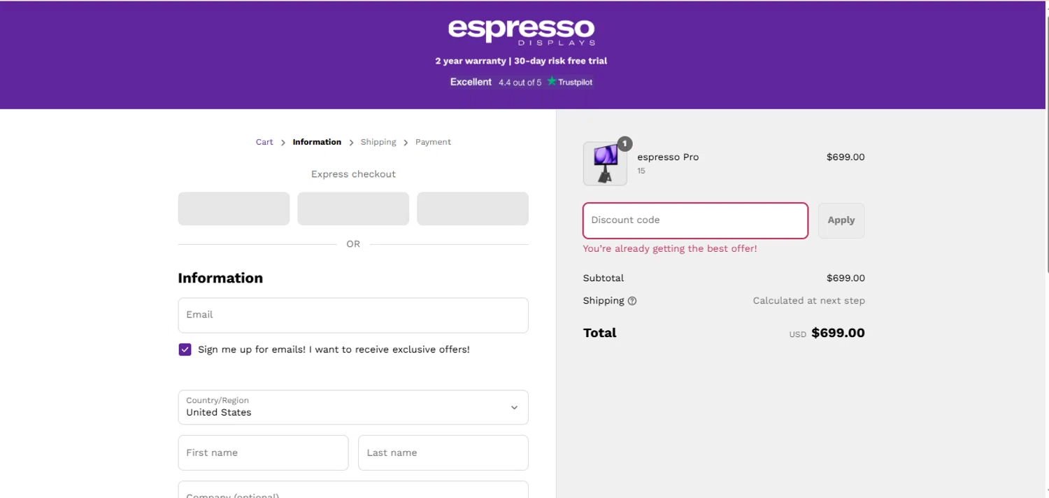 Espresso Displays discount code screenshot showing code MDPRO applied at Espresso Displays checkout page. Uploaded by SimplyCodes community member brrrrr on Jul 23, 2025